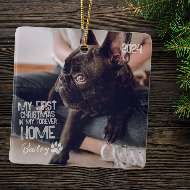 Pet's First Christmas Forever Home Modern Grunge Ceramic Ornament (Creator Uploaded)