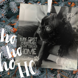 Pet's First Christmas Forever Home Modern Grunge Glass Ornament