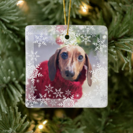 Pet's First Christmas Glitter Snowflakes Photo Ceramic Ornament