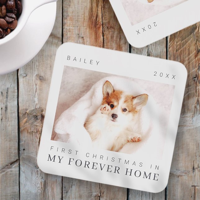 Pet's First Christmas In Forever Home Modern Chic Beverage Coaster (Creator Uploaded)