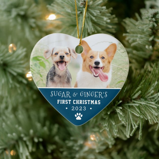  Pet's First Christmas Paw Print Blue Photo Ceramic Ornament (Tree)