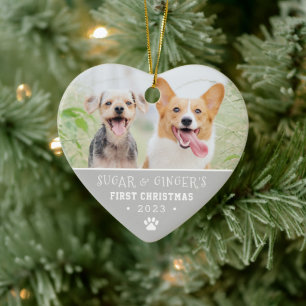 Pet's First Christmas Paw Print Gray Photo Ceramic Ornament