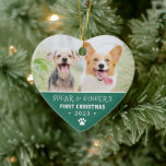 Pet's First Christmas Paw Print Turquoise Photo Ceramic Ornament<br><div class="desc">Celebrate the first Christmas with your fuzzy friend with this paw print photo ornament. Always remember your dog or cat's first Christmas or give this as a holiday gift to family and friends. Personalize this pet photo ornament with a custom name, greeting and year. This photo ornament features bright, bold...</div>