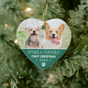 Pet's First Christmas Paw Print Turquoise Photo Ceramic Ornament