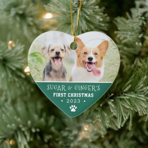 Pets First Christmas Paw Print Turquoise Photo Ceramic Ornament