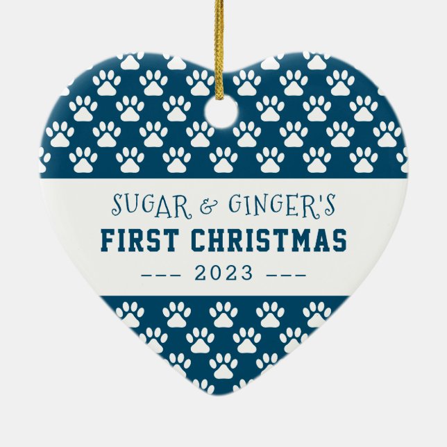  Pet's First Christmas Paws Blue Full Photo Ceramic Ornament (Back)