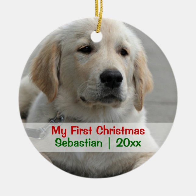 Pet's First Christmas Personalized Photo Template Ceramic Ornament (Front)