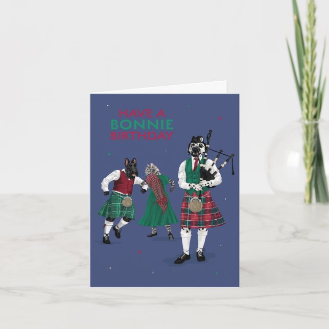 Pets in Kilts Play Bagpipes Bonnie Birthday Card (Front)