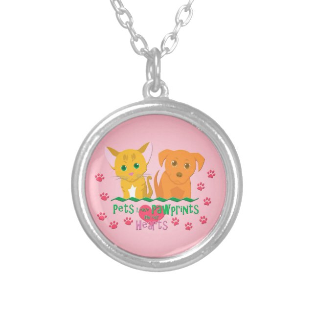 Pets Leave Pawprints on our Hearts Silver Plated Necklace (Front)