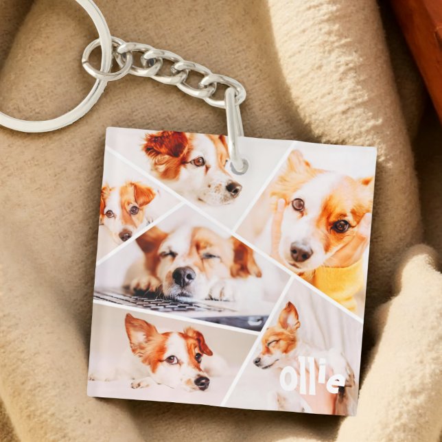 Pets Modern Simple Custom 6 Images Collage Photo Keychain (Creator Uploaded)
