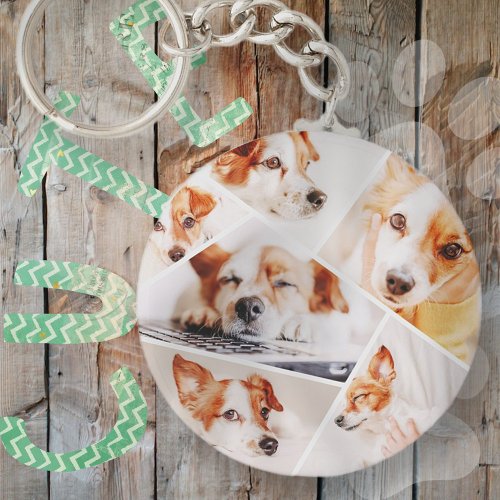 Pets Modern Simple Custom 6 Images Collage Photo Keychain