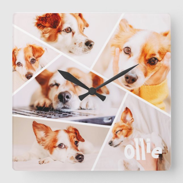 Pets Modern Simple Custom 6 Images Collage Photo Square Wall Clock (Front)