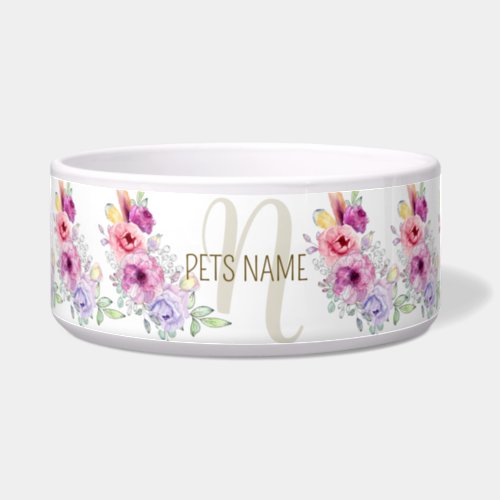 Pets MonogramColorful Pink Peach Floral Elegant Bowl