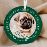 Pet's My First Christmas In Forever Home Modern Metal Ornament<br><div class="desc">Design is composed of modern typography with sans serif and serif font. Add a custom photo of adopted pet and year.</div>