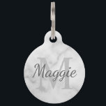 Pet's Name and Monogram Marble Look Pet ID Tag<br><div class="desc">Keep your pet safe and never losing again with this pet tag features personalized pet's name in grey script font style and monogram in light grey serif font style as background, on white marble look background, with owner's contact information on the back of the tag. Perfect for your dogs, cats...</div>