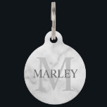 Pet's Name and Monogram with Owner's Contact Info Pet ID Tag<br><div class="desc">Keep your pet safe and never losing again with this pet tag features personalized name in grey and monogram in light grey as background, in classic serif font style, on white marble look background, with owner's contact information on the back of the tag. Perfect for your dogs, cats and beloved...</div>