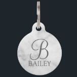 Pet's Name and Monogram with Owner's Contact Pet I Pet ID Tag<br><div class="desc">Keep your pet safe and never losing again with this pet tag features personalized name in grey classic serif font style and monogram in grey classic script font style on white marble background. with owner's contact information on the back of the tag. Perfect for your dogs, cats and beloved pets....</div>