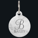 Pet's Name, Monogram with Owner's Contact QR code Pet ID Tag<br><div class="desc">Keep your pet safe and never losing again with this pet tag features personalized name in grey classic serif font style and monogram in grey classic script font style on white marble background. with owner's contact QR code on the back of the tag. Perfect for your dogs, cats and beloved...</div>