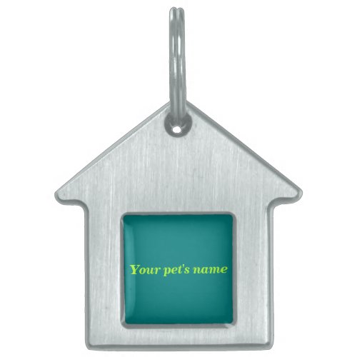 Pets Name on Teal Green Background on House Shape Pet ID Tag