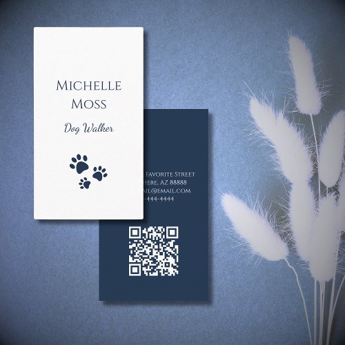 Pets Navy Blue Paw Prints QR code Dog Walker  Business Card