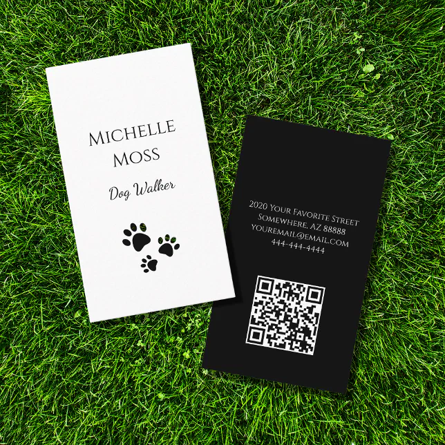 Pets Paw Prints QR code Black White Dog Walker Business Card Zazzle