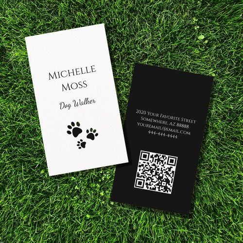 Pets Paw Prints QR code Black White Dog Walker  Business Card