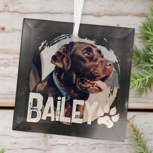 Pet's Simple Modern Cool Grunge Name and Photo Glass Ornament