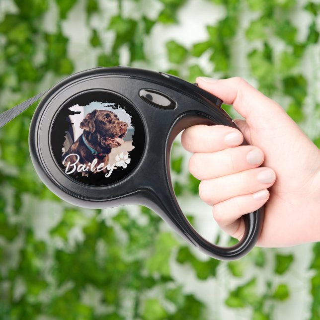 Pet's Simple Modern Cool Typography Name and Photo Retractable Pet Leash (Hand)