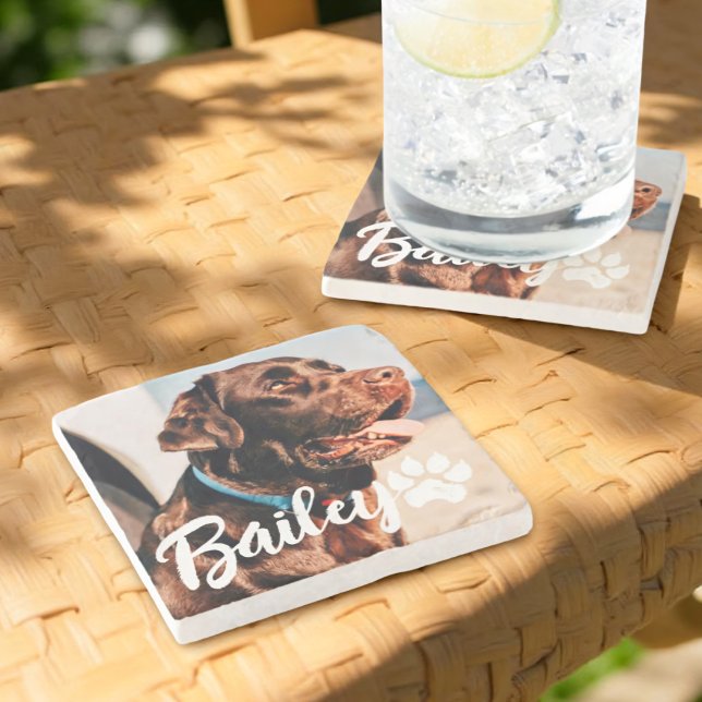 Pet's Simple Modern Cool Typography Name and Photo Stone Coaster (Creator Uploaded)
