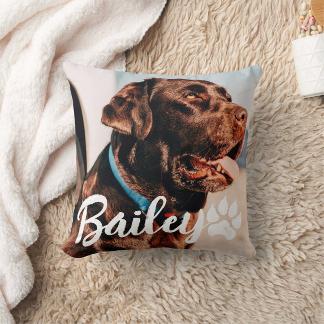 Pet's Simple Modern Cool Typography Name and Photo Throw Pillow (Blanket)