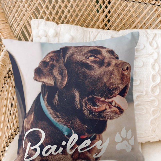 Pet's Simple Modern Cool Typography Name and Photo Throw Pillow (Creator Uploaded)