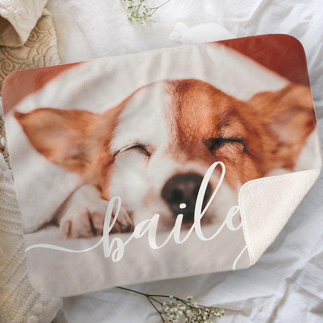 Pet's Simple Modern Elegant Chic Name and Photo Sherpa Blanket (Creator Uploaded)