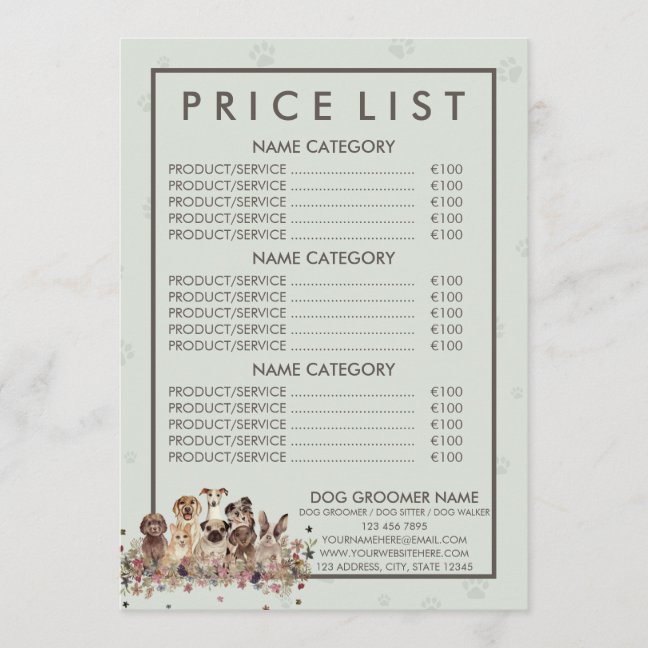 PetSitter dog sitting flower veterinary Price List Menu