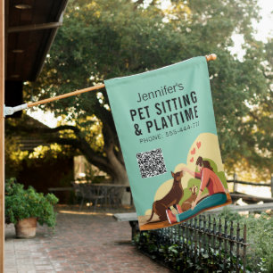 Petsitting & Playtime with QR code Dog Business House Flag