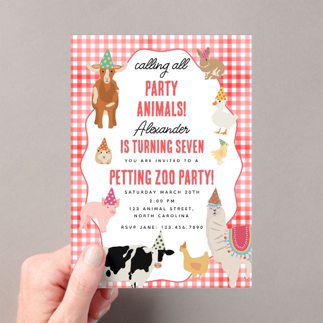 Petting Zoo Party Animals Barnyard Birthday Theme Acrylic Invitations (Insitu (Handheld))