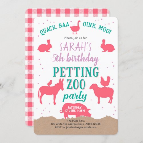 Petting Zoo Party Pink Farm Animals Girl Invitation