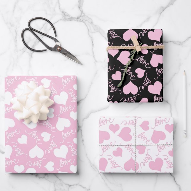 Petty Cute White & Pink Hearts Valentine's Day Wrapping Paper Sheets (Front)