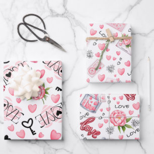 Petty Cute White & Pink Hearts Valentine's Day Wrapping Paper Sheets