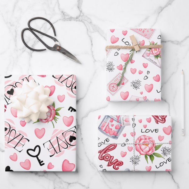 Petty Cute White & Pink Hearts Valentine's Day Wrapping Paper Sheets (Front)