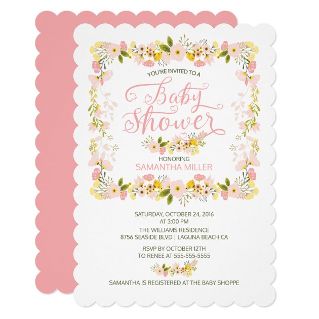 Petty Floral Frame Girls Baby Shower Invitation