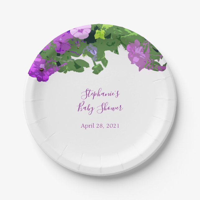 Petunia Floral Eggplant Purple Baby Shower Custom Paper Plates (Front)