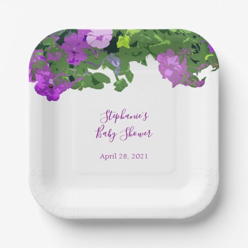 Petunia Floral Eggplant Purple Baby Shower Elegant Paper Plates