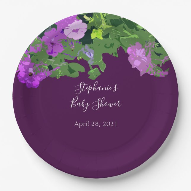 Petunia Floral Eggplant Purple Baby Shower Pretty Paper Plates (Front)