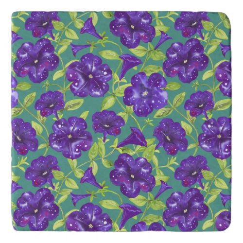 Petunia Night Sky on teal background Throw Pillow Trivet