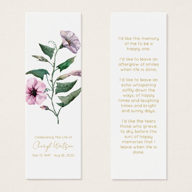 Petunia | Simple Funeral Memorial Mini Bookmark (Front & Back)