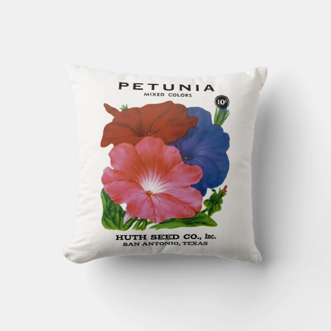 Petunia Vintage Seed Packet Throw Pillow (Front)