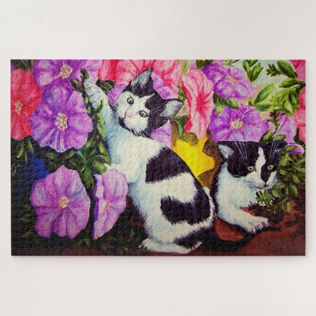 Petunias and kittens/cats in garden flowers play jigsaw puzzle (Horizontal)