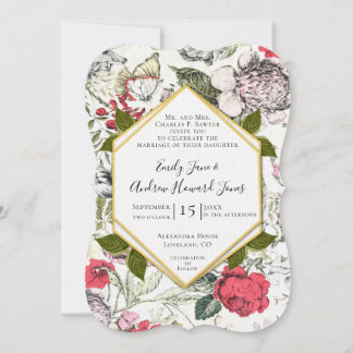 Petunias Roses Fauna Greenery Wedding Invitation