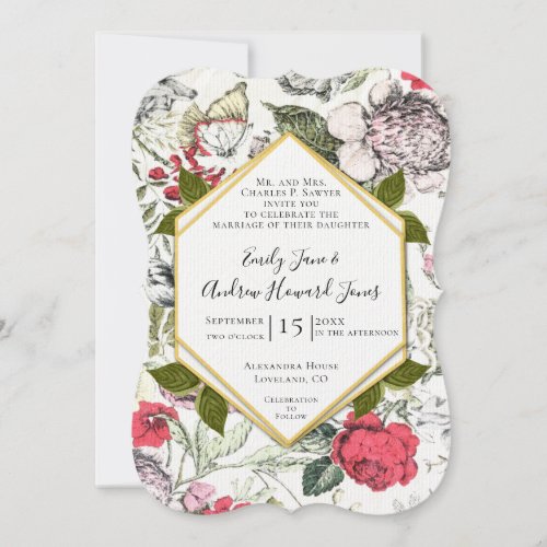 Petunias  Roses Fauna Greenery Wedding Invitation