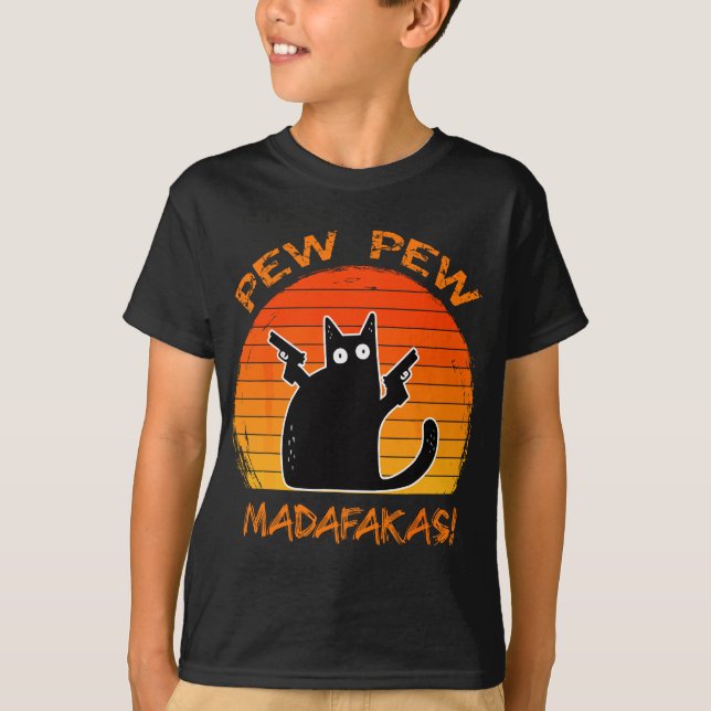 Pew Pew Madafakas Funny Black Cat Lovers Fun Gun M T-Shirt (Front)